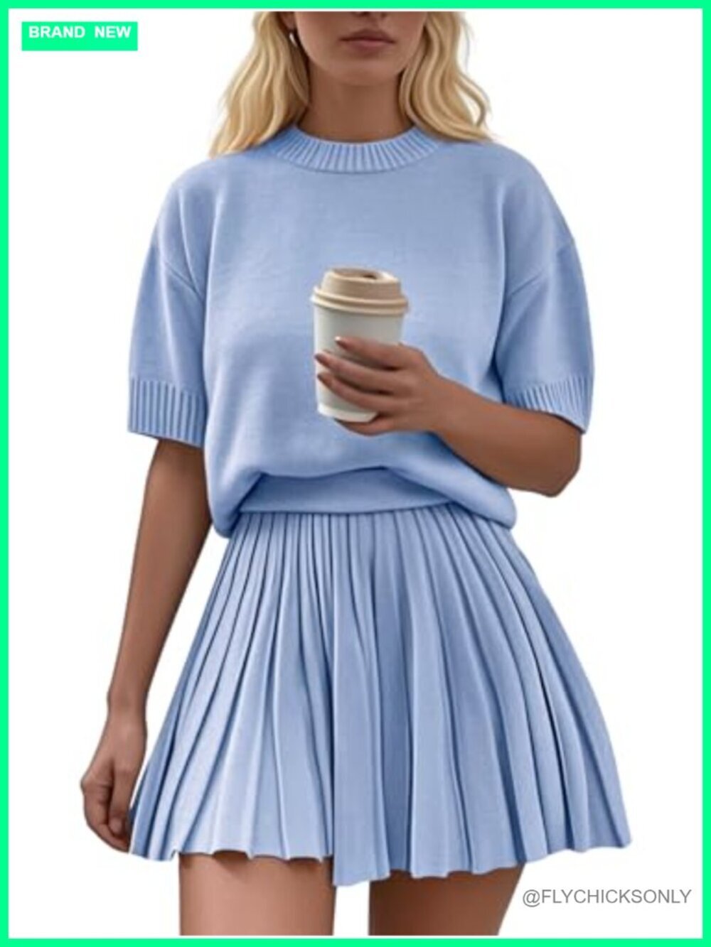 2 Piece Outfits Short Sleeve Crewneck Knit Top Pleated Mini Skirt Set